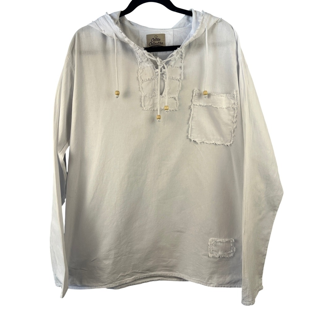 Mens White Organic Cotton Long Sleeve Hoodie SZ L Raw‎ Edge Fringe Beach Sailing